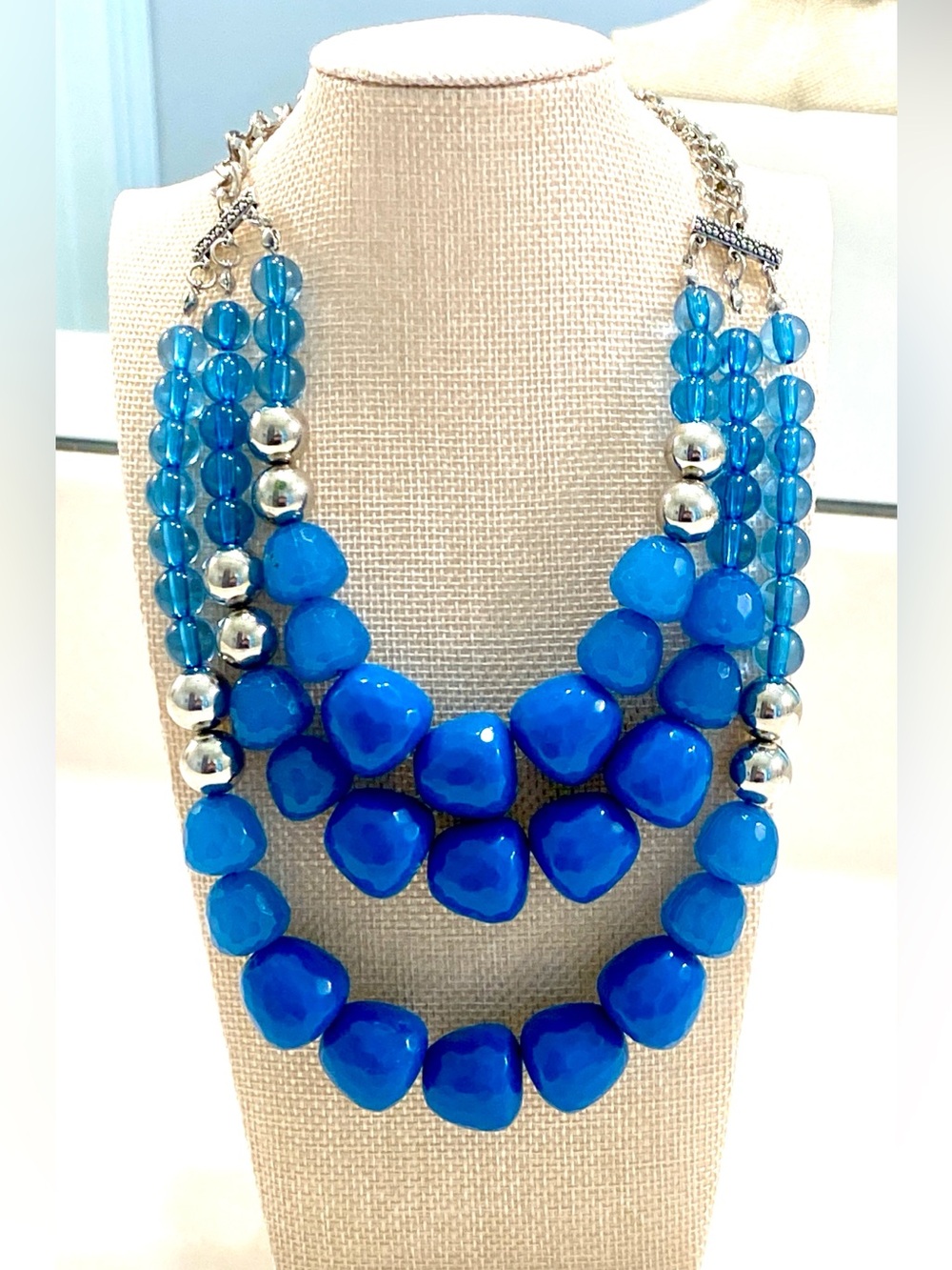 Bright Blue Multi-Strand Statement Necklace | Chunky Acrylic Nugget Bib Silver